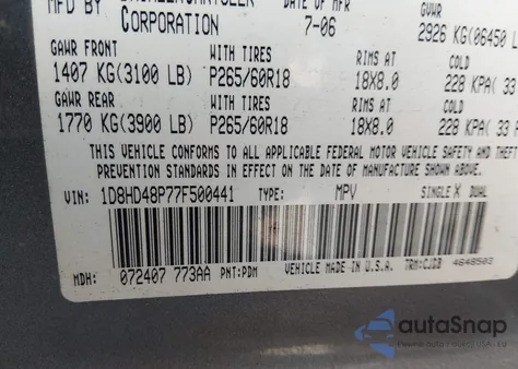 2007 Dodge Durango Slt z USA, uszkodzony, nr VIN 1D8HD48P77F500441